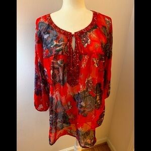 New Directions red floral tunic, size XL
